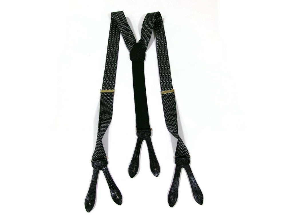 Mens Black Gray Suspenders w/ Black Leather Croc Embossed Tabs Made In England