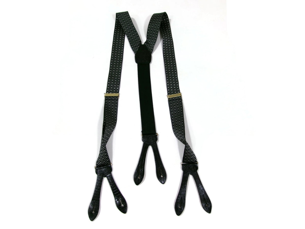 Mens Black Gray Suspenders w/ Black Leather Croc Embossed Tabs Made In England