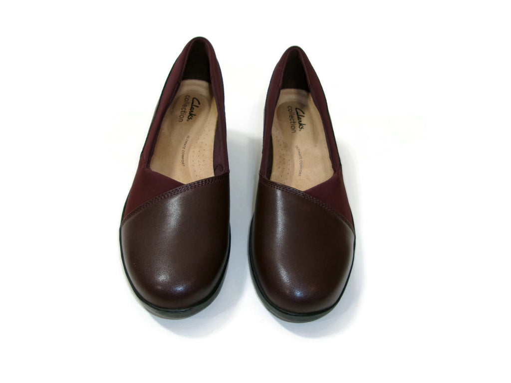 Clarks Suttyn Womens Wedge Heel Shoes  Burgundy Leather Slip On Comfort Size 8 M