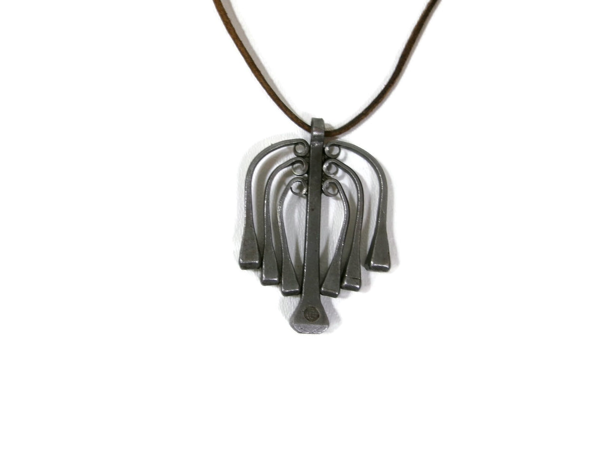 Retro Vintage Modernist Brutalist Pewter Skeleton  Necklace w/ Leather Cord 16.5