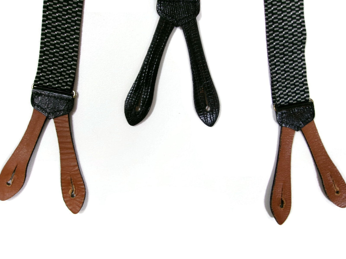 Mens Black Gray Suspenders w/ Black Leather Croc Embossed Tabs Made In England