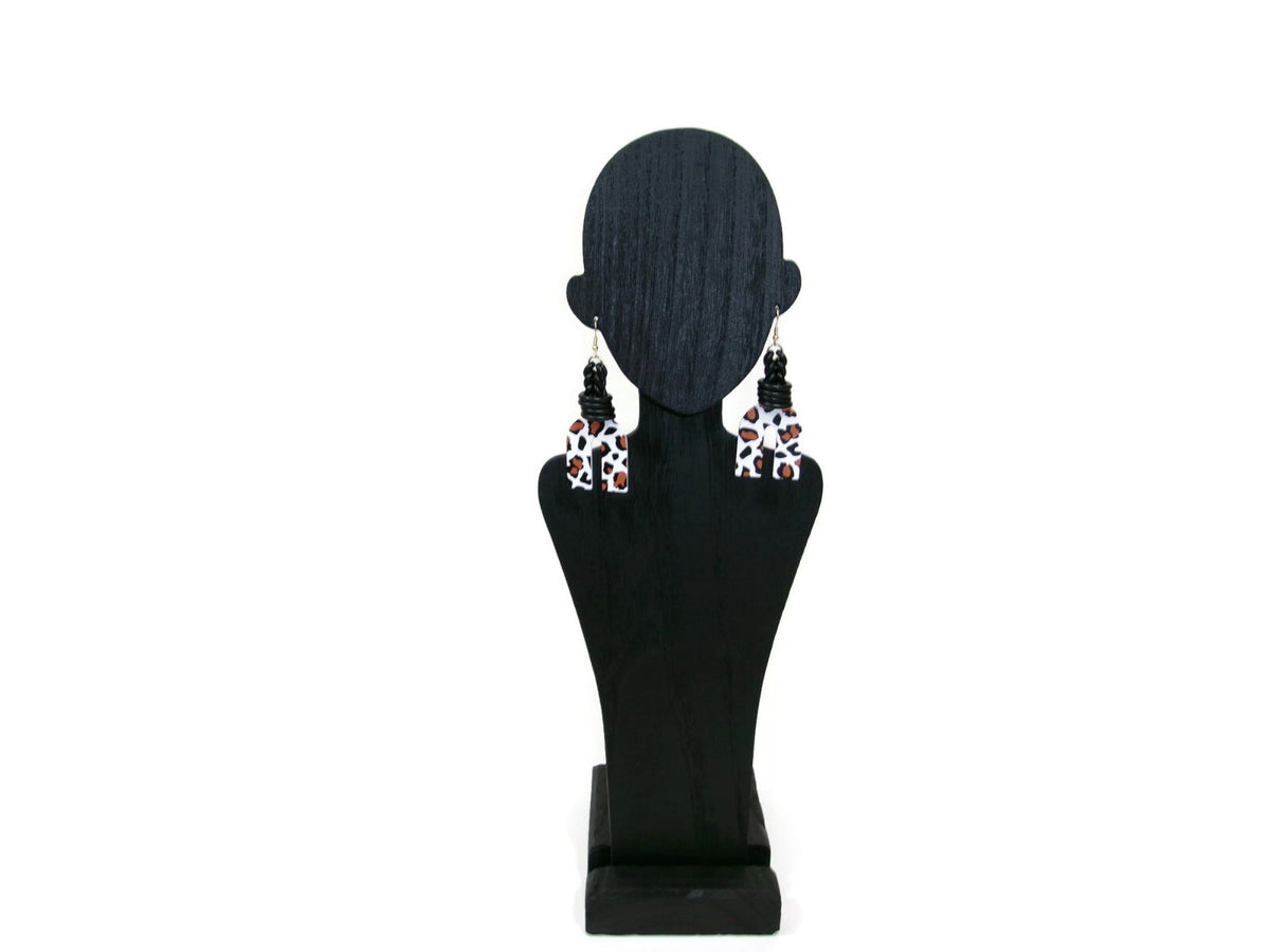 Womens Ear Candy Statement Earrings Leopard Print  Black Tan & White