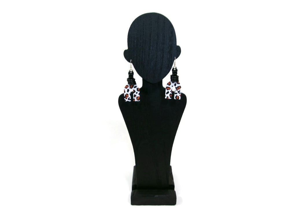 Womens Ear Candy Statement Earrings Leopard Print  Black Tan & White