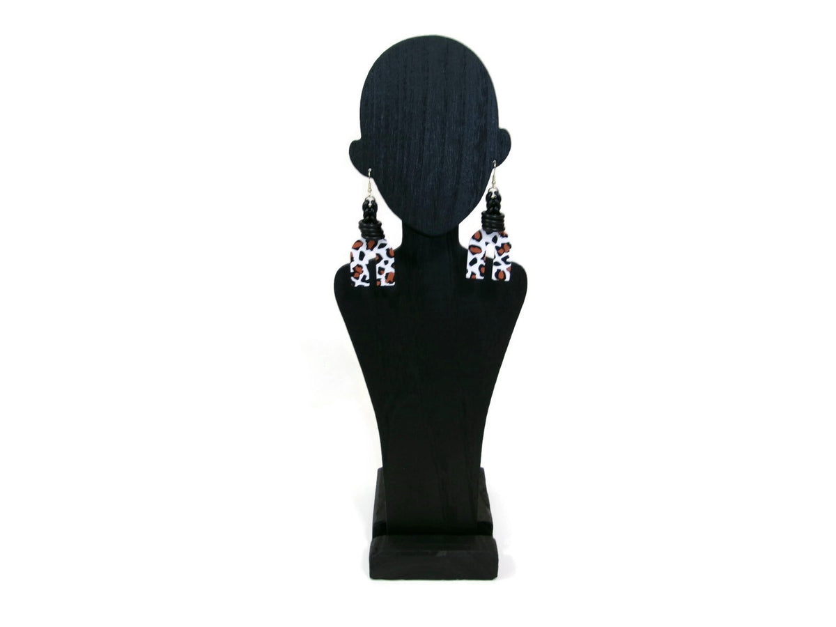 Womens Ear Candy Statement Earrings Leopard Print  Black Tan & White