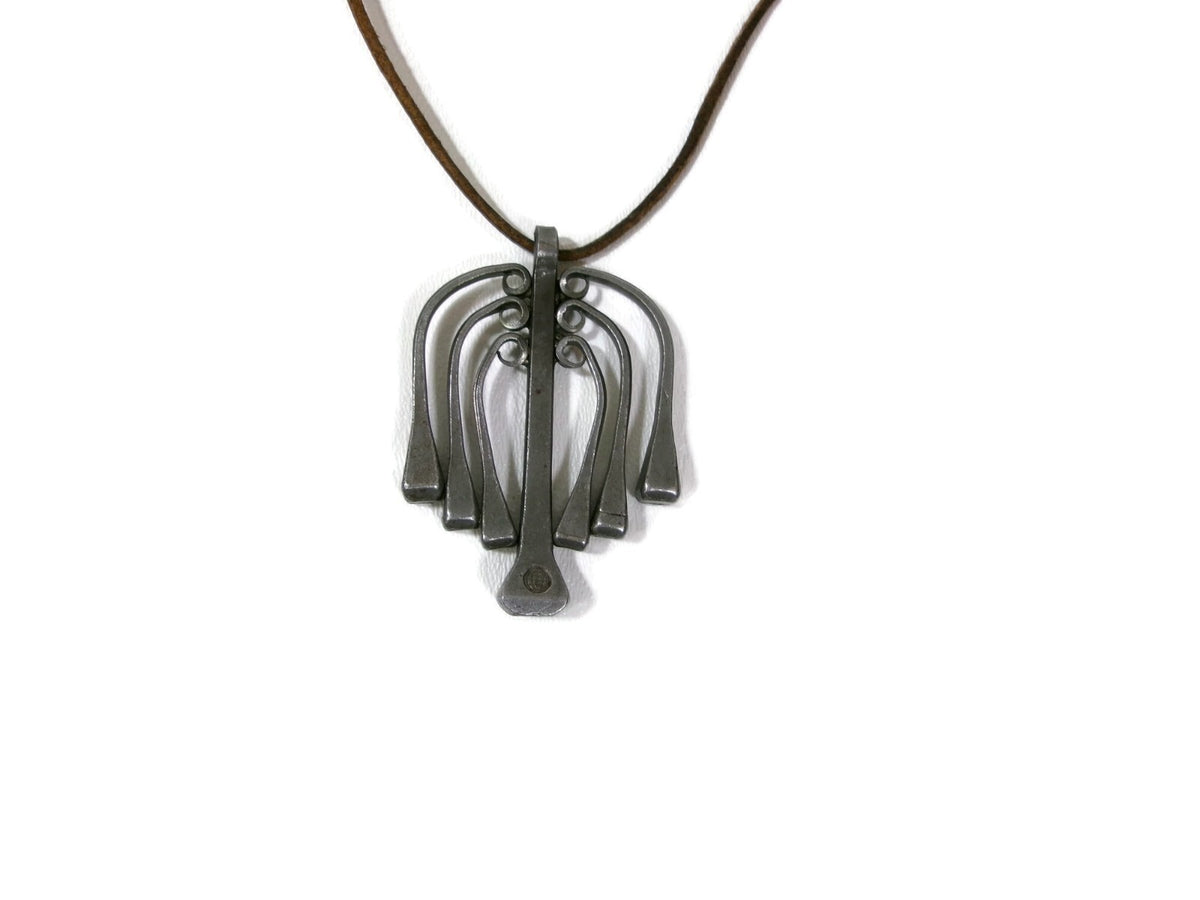 Retro Vintage Modernist Brutalist Pewter Skeleton  Necklace w/ Leather Cord 16.5