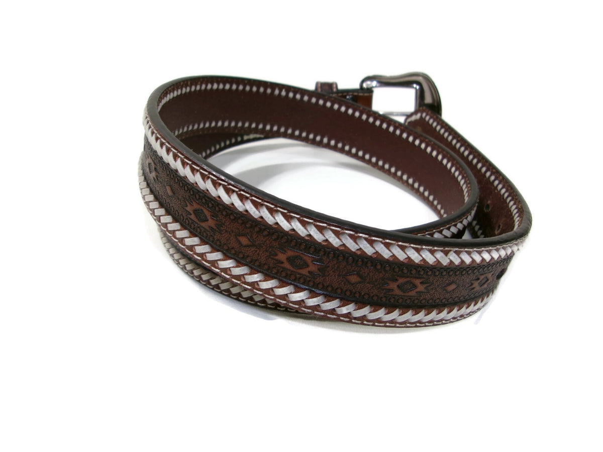 Ariat Mens Southwestern Western Belt Size 40 Brown Leather  Buckstitch Lacing