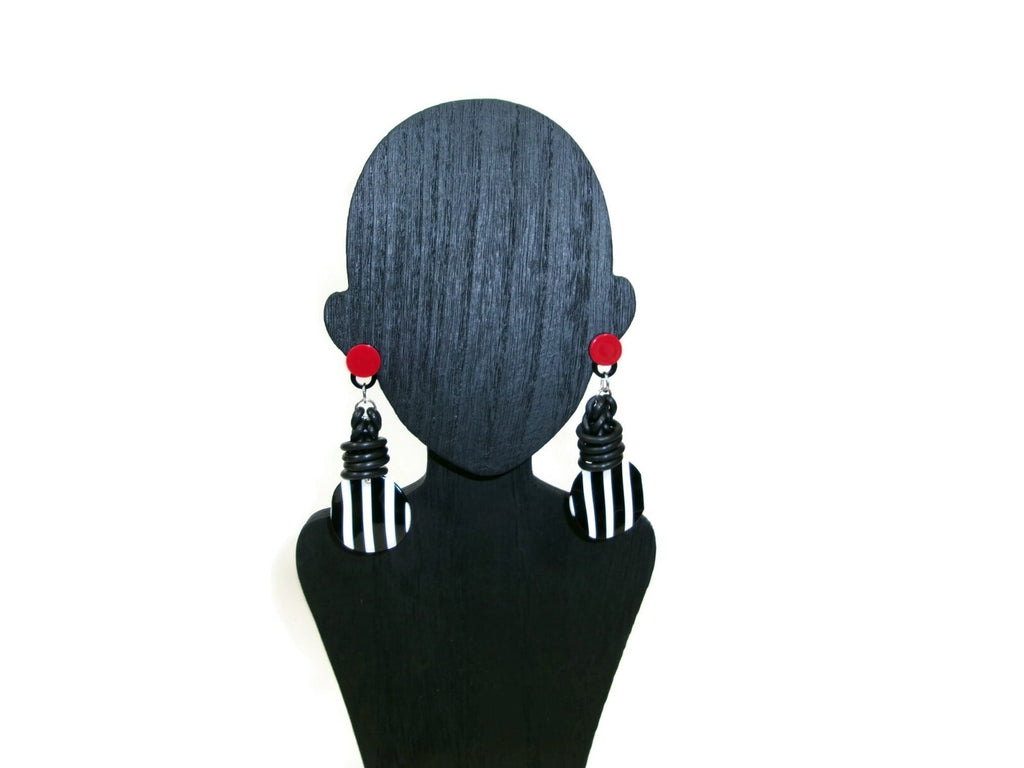 Womens Ear Candy Statement Drop Earrings Black White Red w/Unique Rubber Design