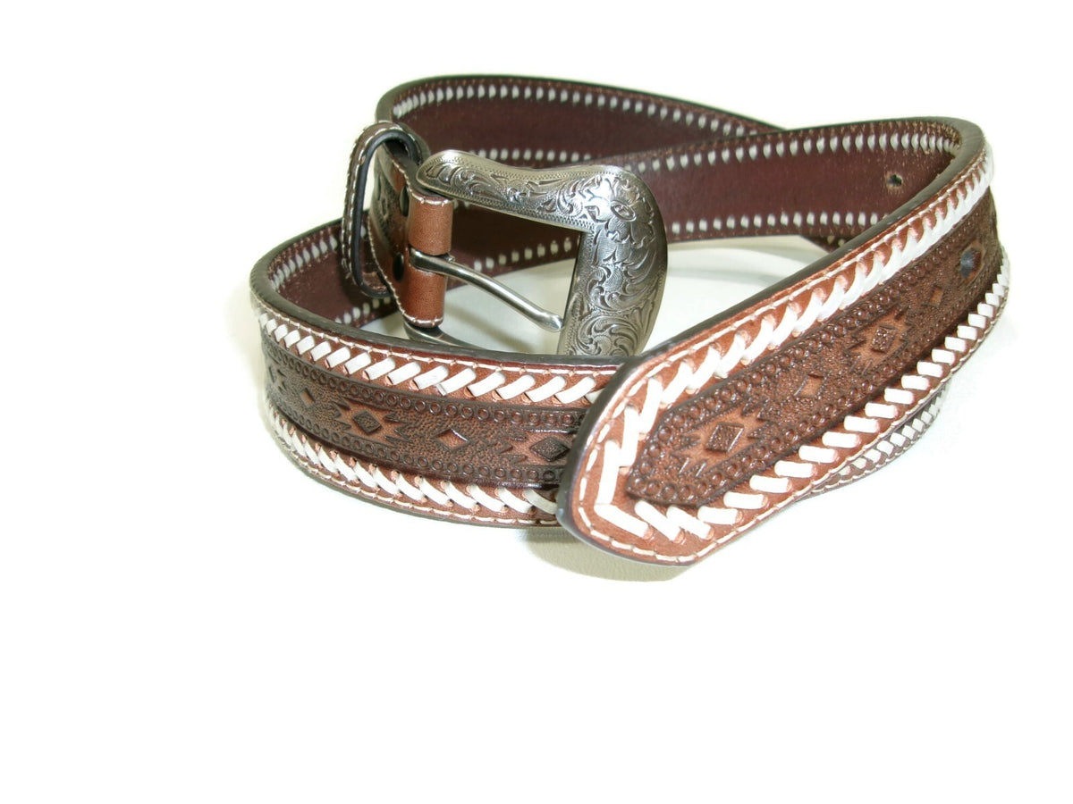 Ariat Mens Southwestern Western Belt Size 40 Brown Leather  Buckstitch Lacing