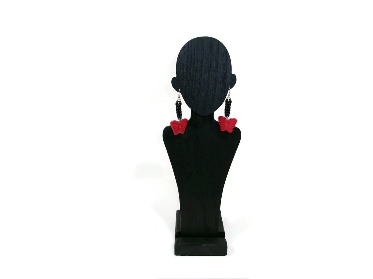 Womens Ear Candy Statement Drop Earrings Red Butterfly w/ Unique Rubber Design