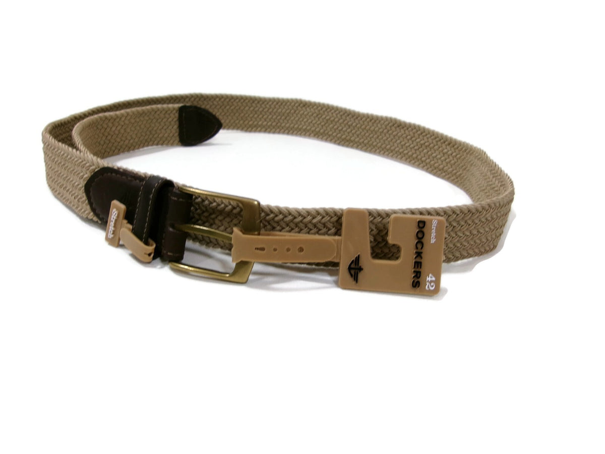 Dockers Mens Khaki & Brown Leather &Stretch Belt Size 42 NWT