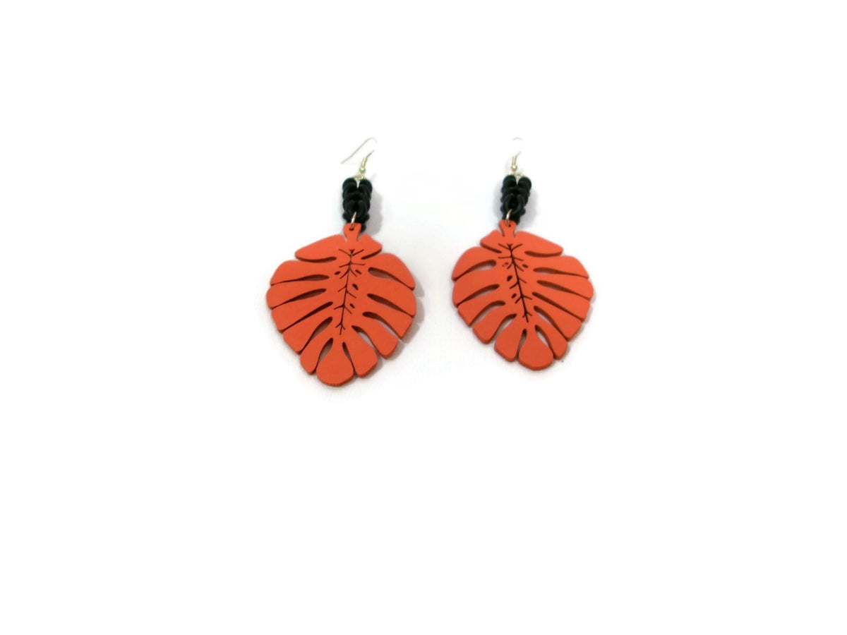 Womens Ear Candy Statement Drop Earrings Orange Wood Leaf & Unique Rubber Design