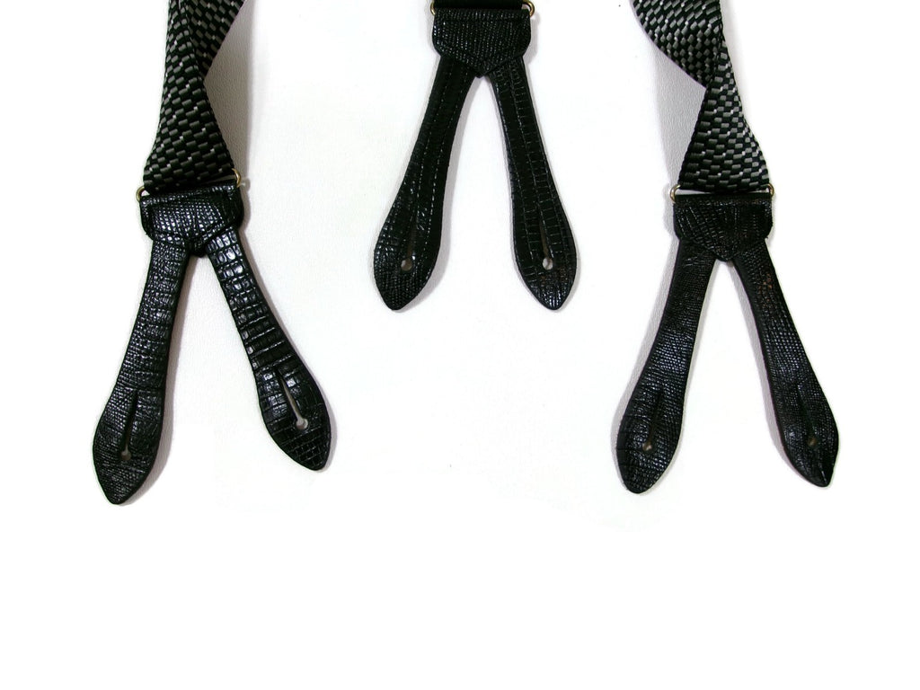 Mens Black Gray Suspenders w/ Black Leather Croc Embossed Tabs Made In England
