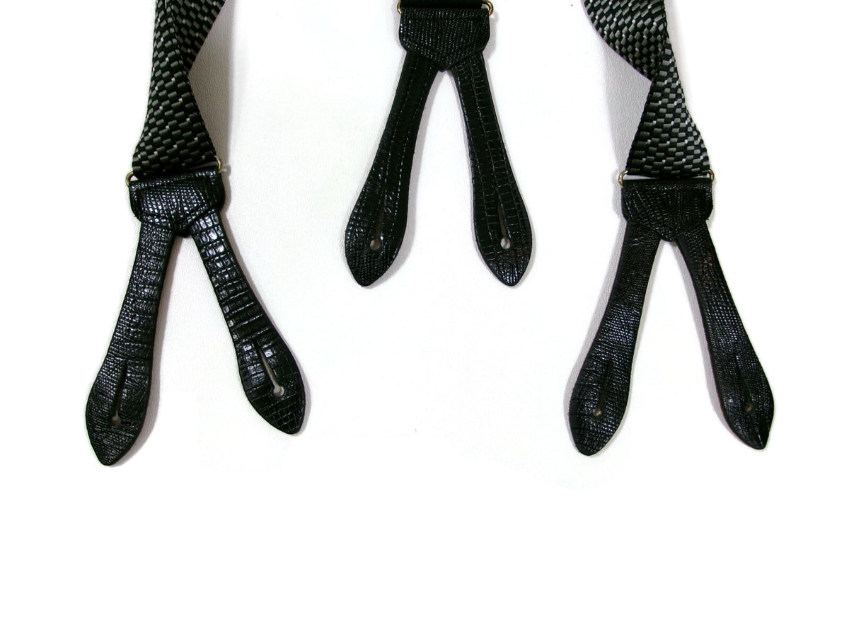 Mens Black Gray Suspenders w/ Black Leather Croc Embossed Tabs Made In England