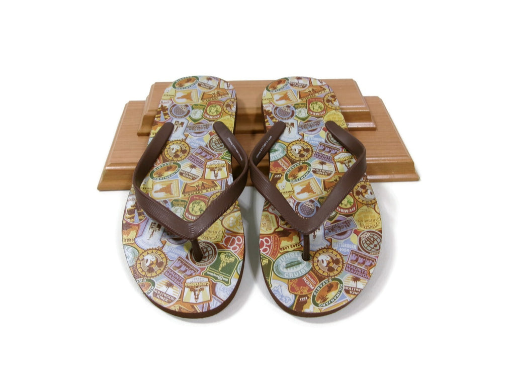 Walt Disney World Mens Flip Flops w/ Multi Park Logo Patterns Brown Size M 6 - 7