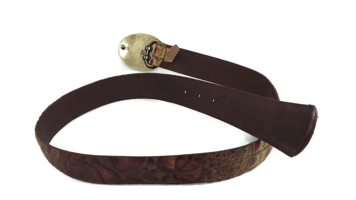 Landes Signature Vintage Tan Tooled Leather Croc & Floral Embossed BELT Size M