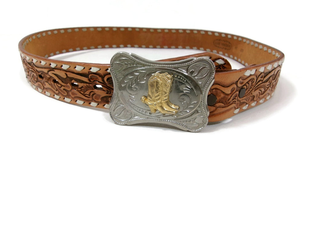Nocona Vintage Tan Tool Leather Western Belt W/Boots Buckle Embossed w/ KENNY SM