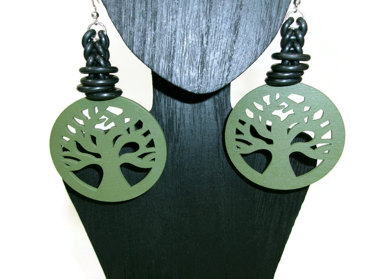 Womens Ear Candy Statement Green Earrings Wood Family Tree Black Rubber Design