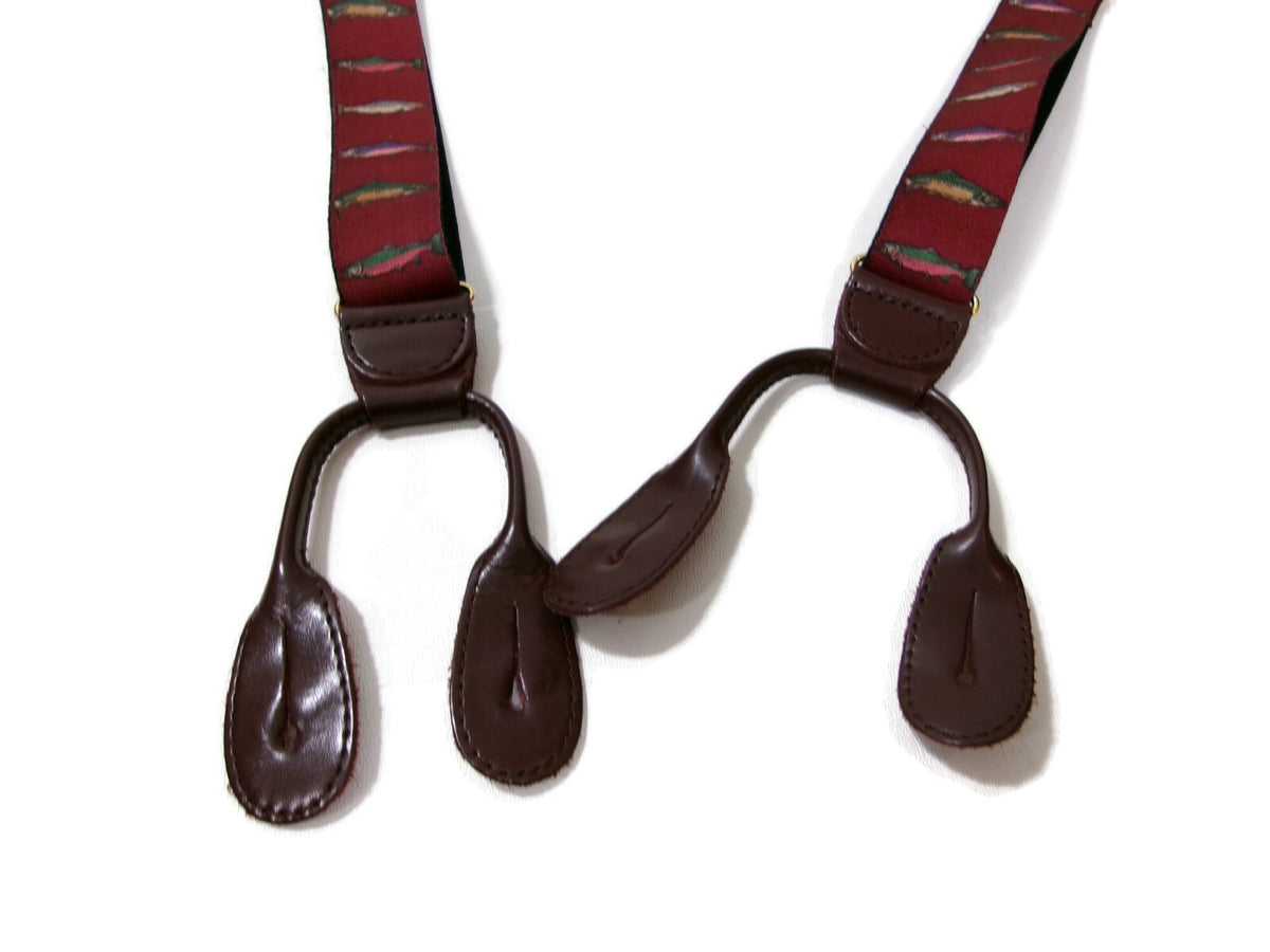 Mens  Burgundy /Redish  Suspenders Pelican USA Trout Fish Leather Tabs