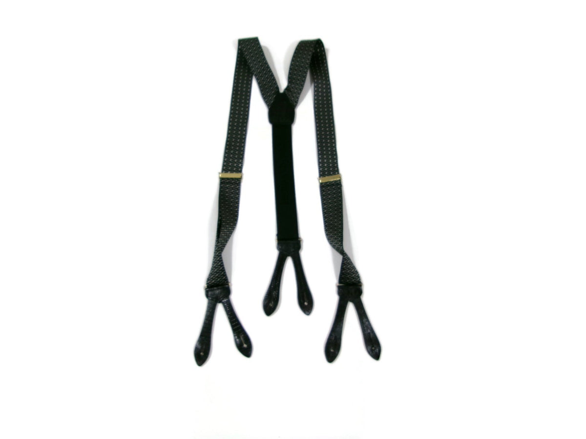 Mens Black Gray Suspenders w/ Black Leather Croc Embossed Tabs Made In England