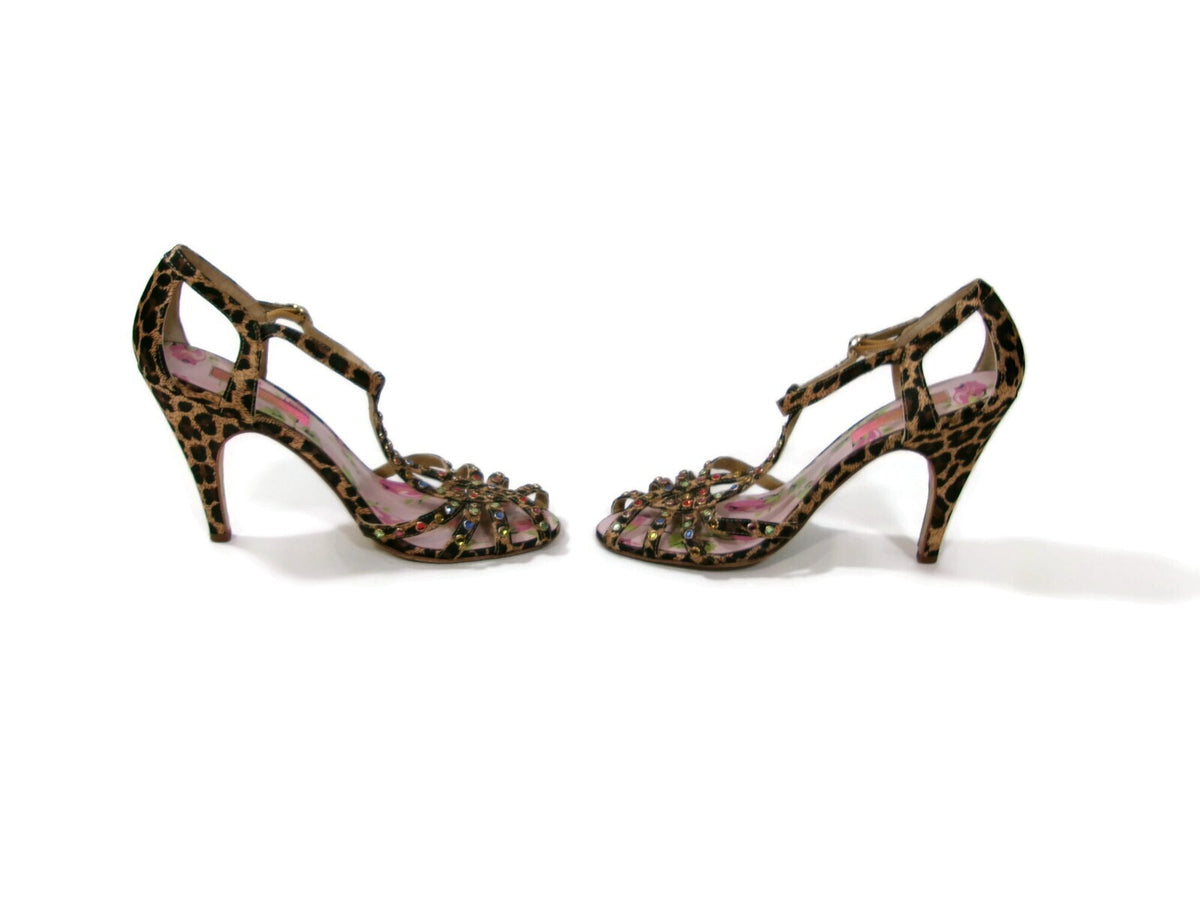 Womens Betsey Johnson Cheetah Print Sandals Shoes Size  6 M with Rhinestones