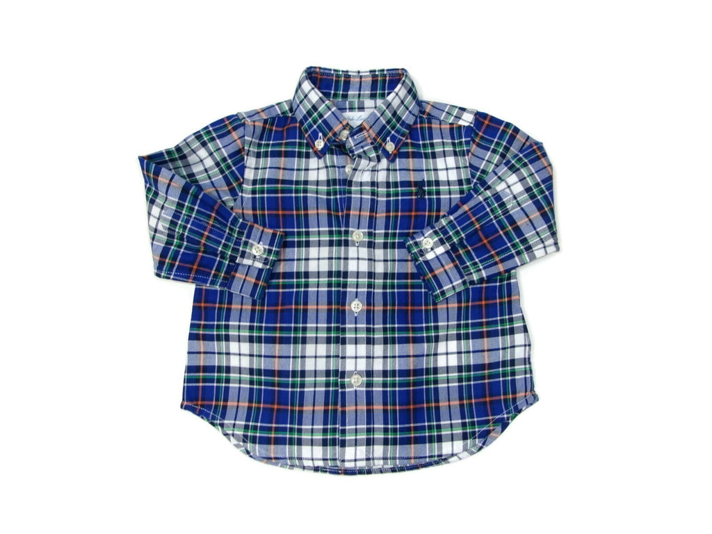 Ralph Lauren Baby Infant Boys Button Down Long Sleeve Plaid Shirt Size 9M Blue
