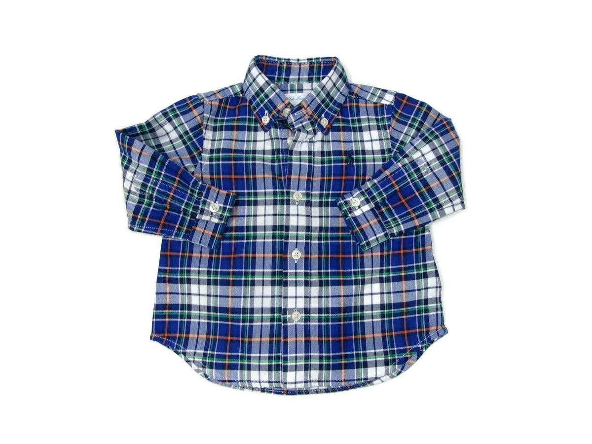 Ralph Lauren Baby Infant Boys Button Down Long Sleeve Plaid Shirt Size 9M Blue