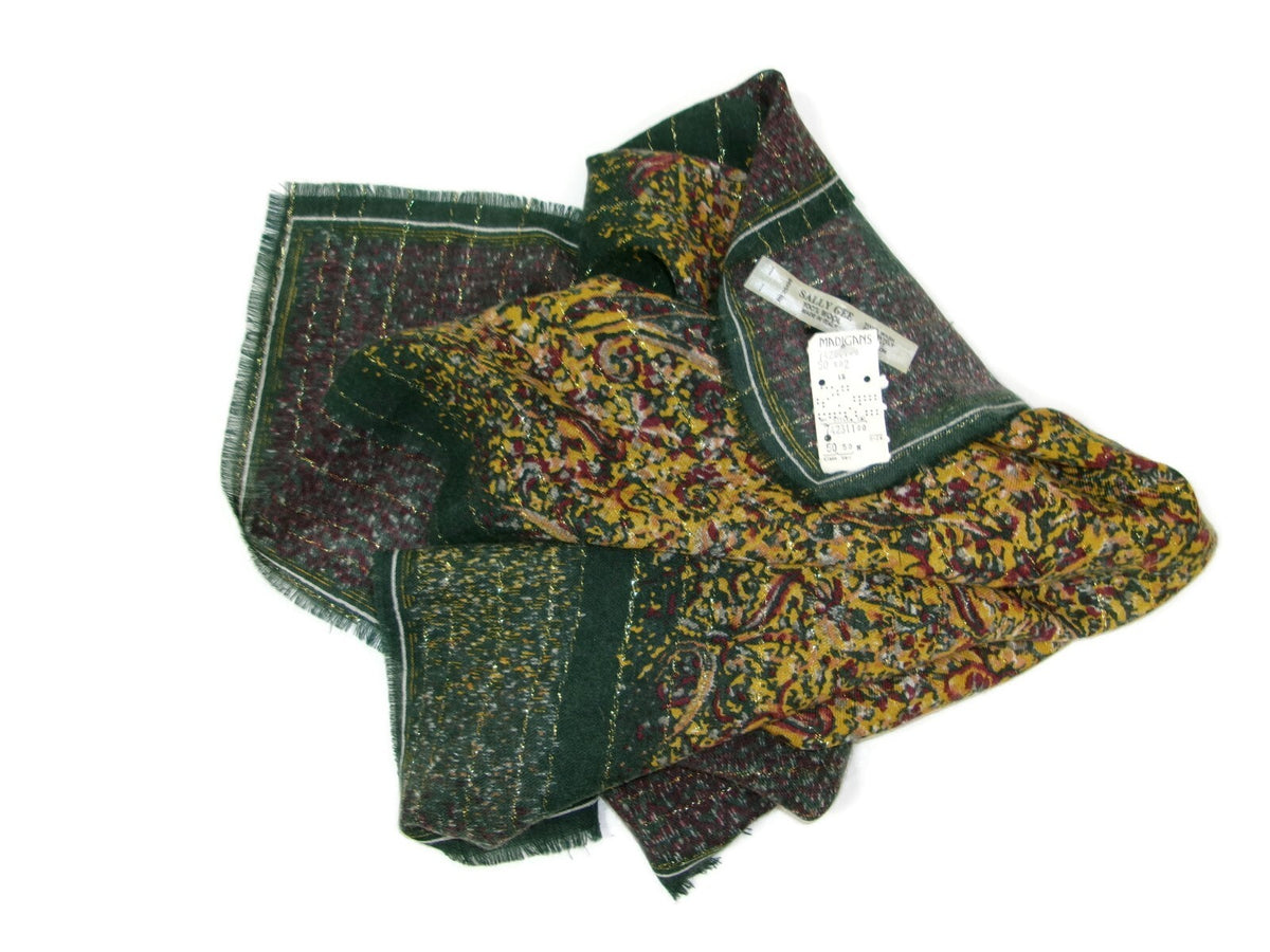 Sally Gee Vintage Womens Scarf 100% Light Weight Wool  Green Gold Original Tag
