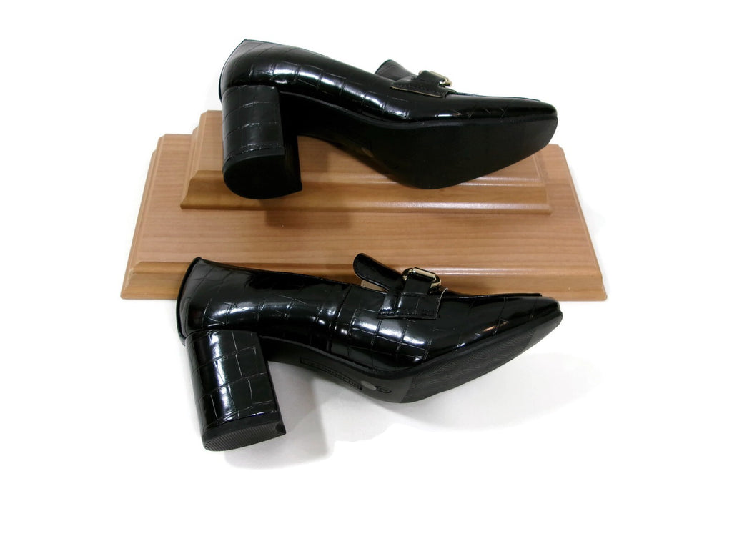 Liz Claiborne Womens Black Croc Embossed Heels Pumps Shoes Size 6 M Gold Buckle