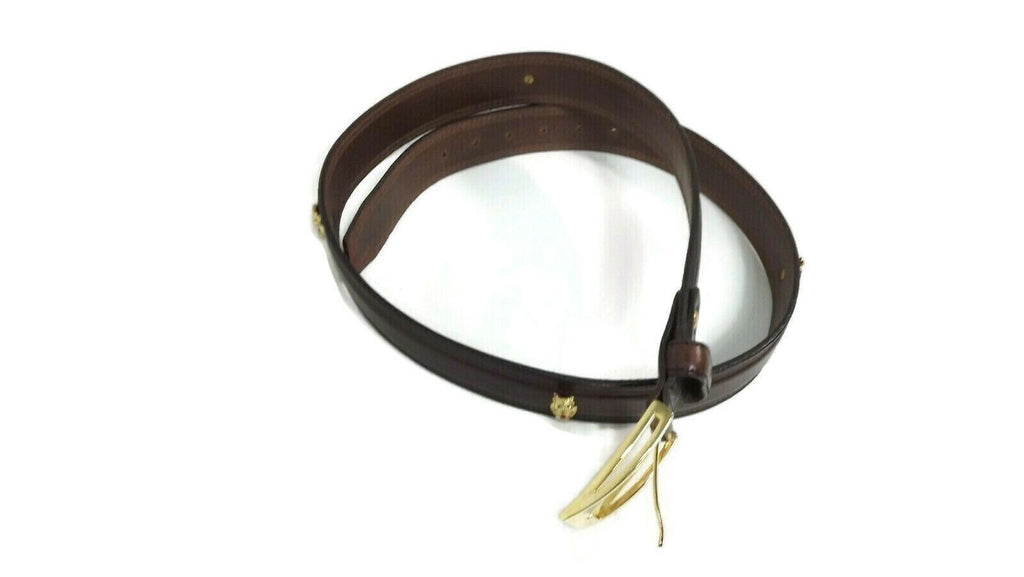 HAWAIIAN Tiki MAN Gold w/ Rhinestones Brown CUIR Italian Leather BELT Size 38