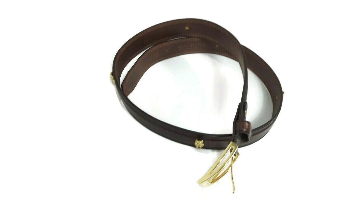 HAWAIIAN Tiki MAN Gold w/ Rhinestones Brown CUIR Italian Leather BELT Size 38
