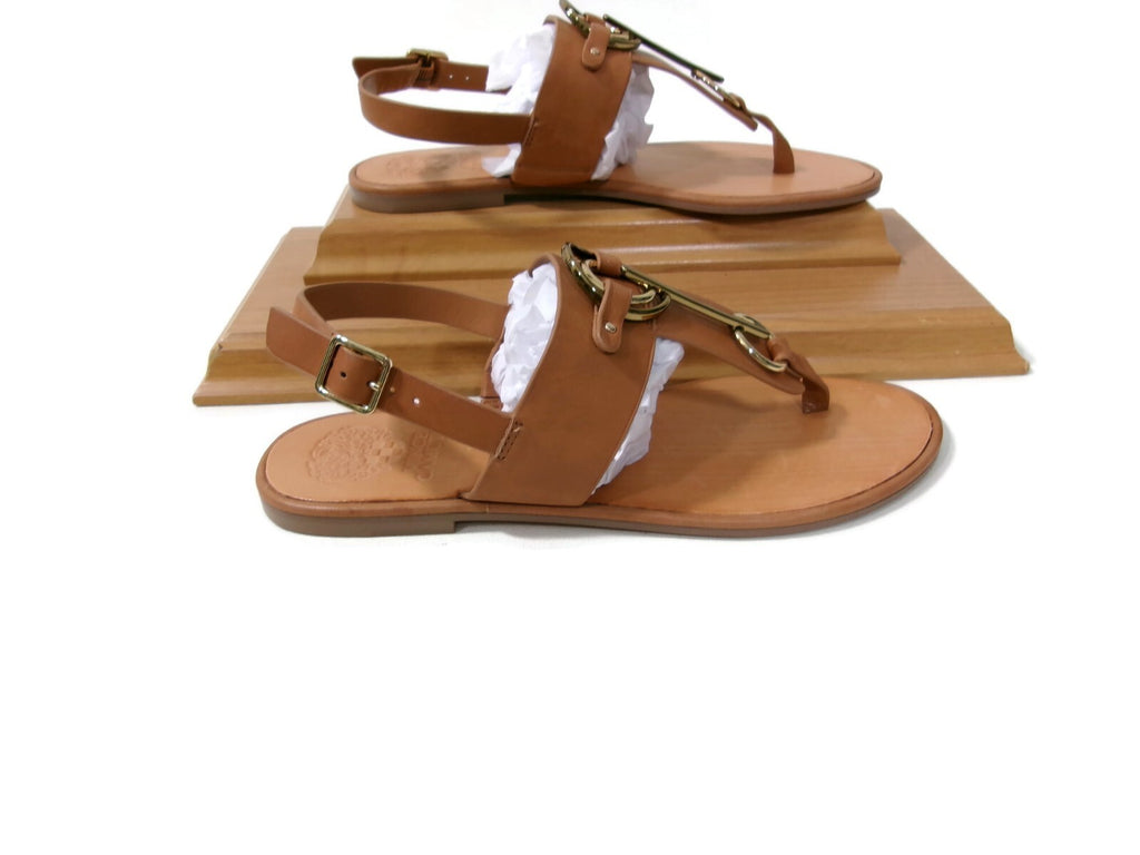Vince Camuto Womens Sandals Shoes Size 8 M Tan Leather w/ Gold Metal Accents