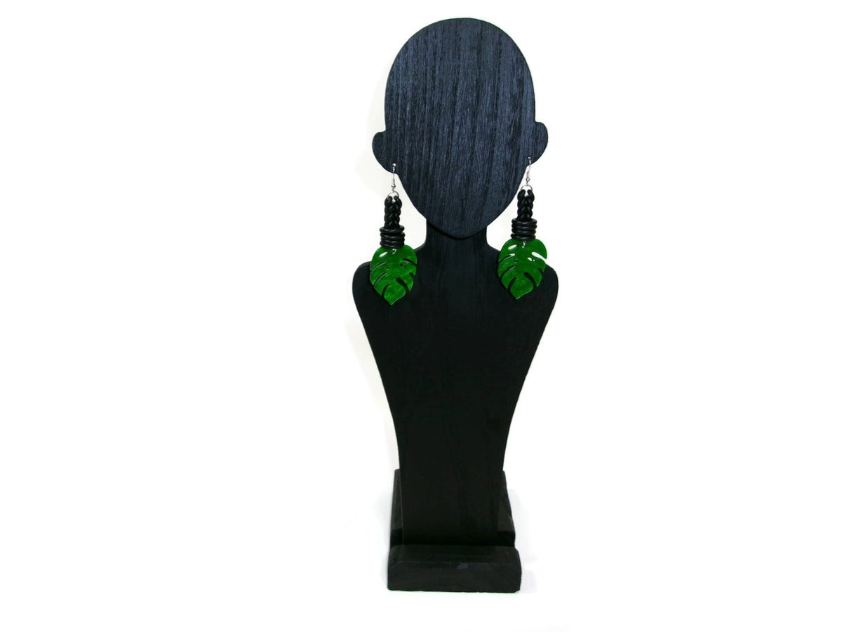 Womens Ear Candy Statement Drop Earrings Green Acrylic Leaf & Rubber Design