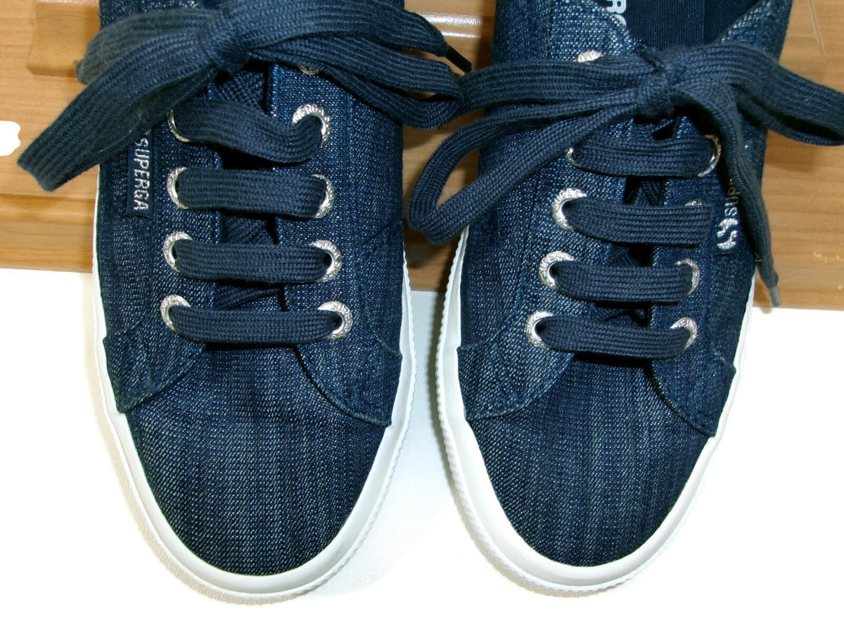 Superga Blue Sparkley Sporty Denim Cute Sneaker Women Shoes Size 6.5 US 37 Euro