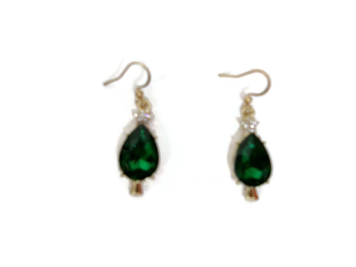 Beautiful Green Rhinestone Star and Emerald Green Drop Holiday Earrings NEW