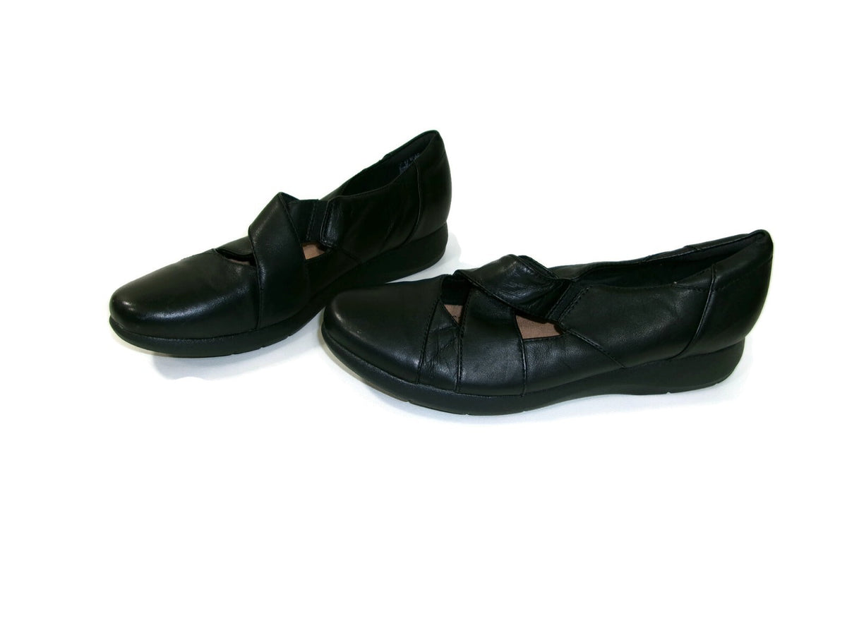 Clarks Collection Womens Black Leather Shoes Size 9.5 M Slip On Comfort Flats