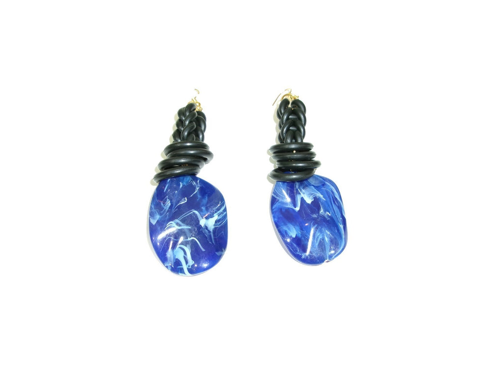 Womens Ear Candy Statement Earrings Blue Marble and Black Rubber Unique Design