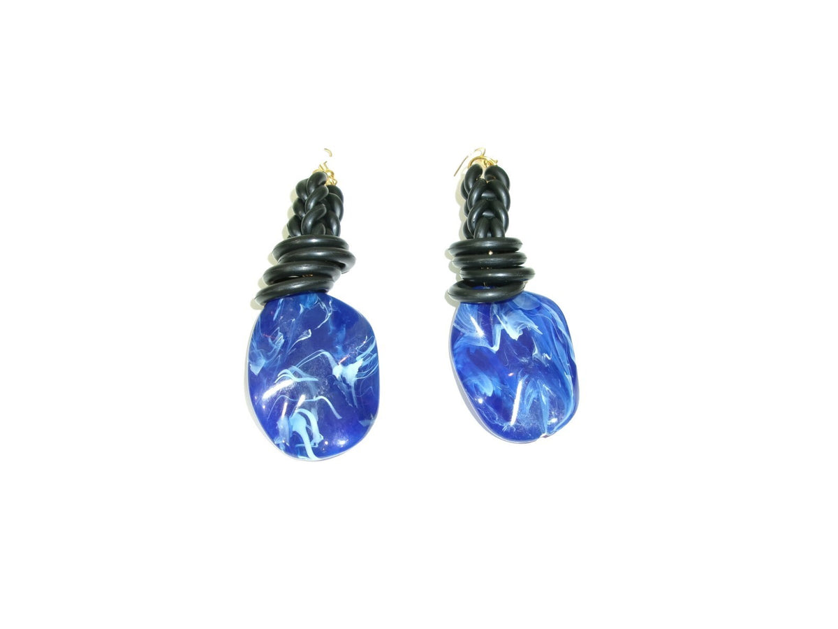 Womens Ear Candy Statement Earrings Blue Marble and Black Rubber Unique Design