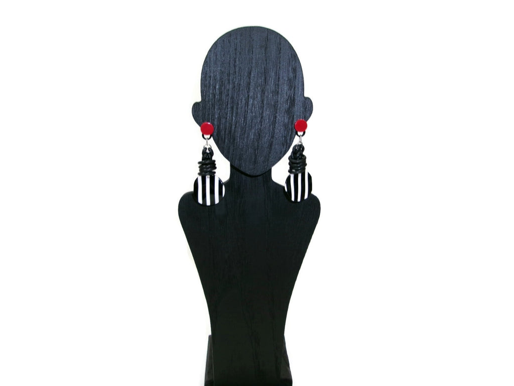Womens Ear Candy Statement Drop Earrings Black White Red w/Unique Rubber Design