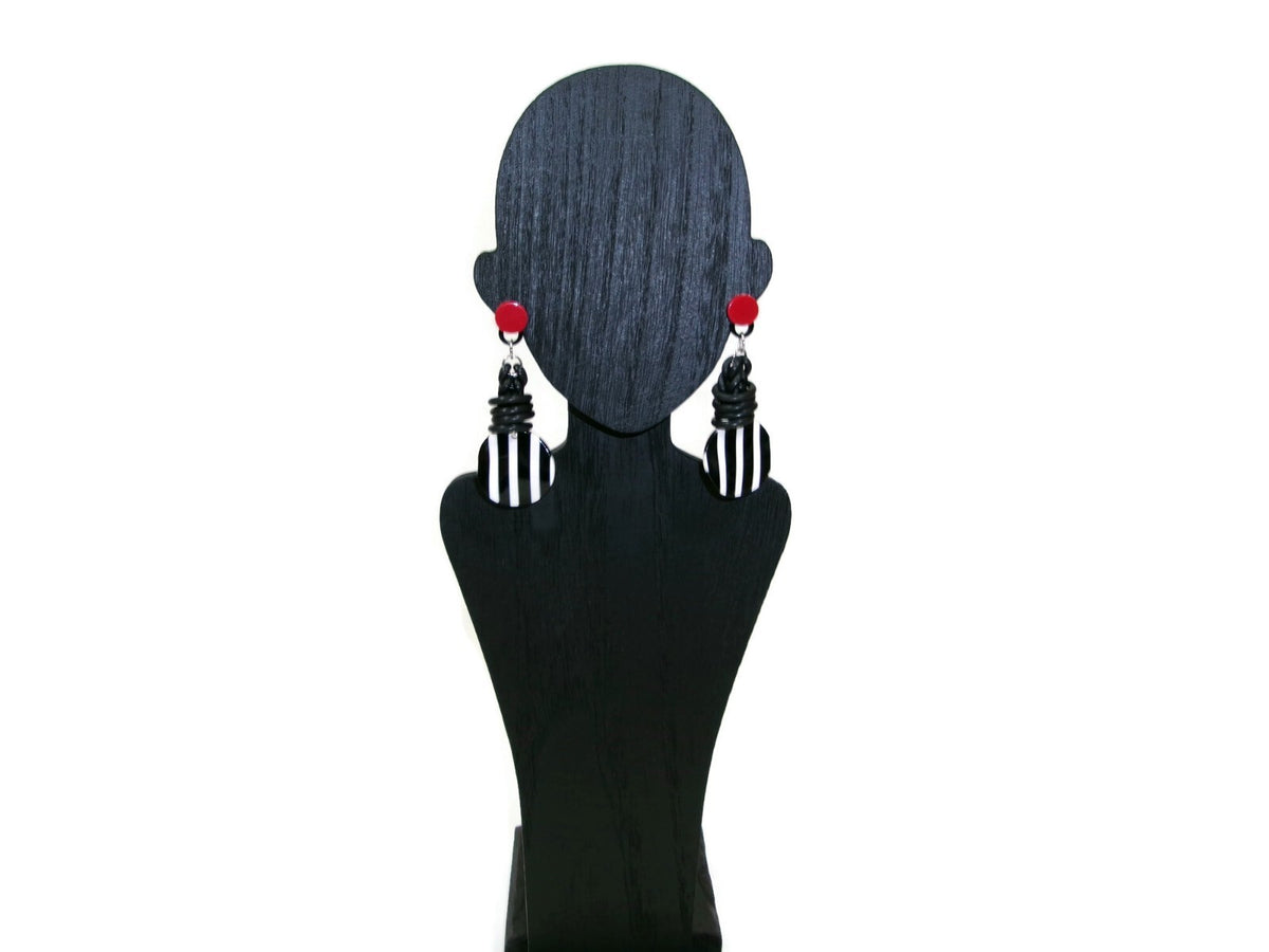 Womens Ear Candy Statement Drop Earrings Black White Red w/Unique Rubber Design