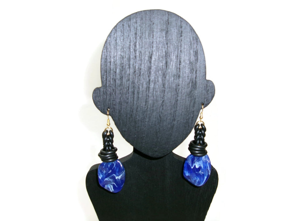 Womens Ear Candy Statement Earrings Blue Marble and Black Rubber Unique Design