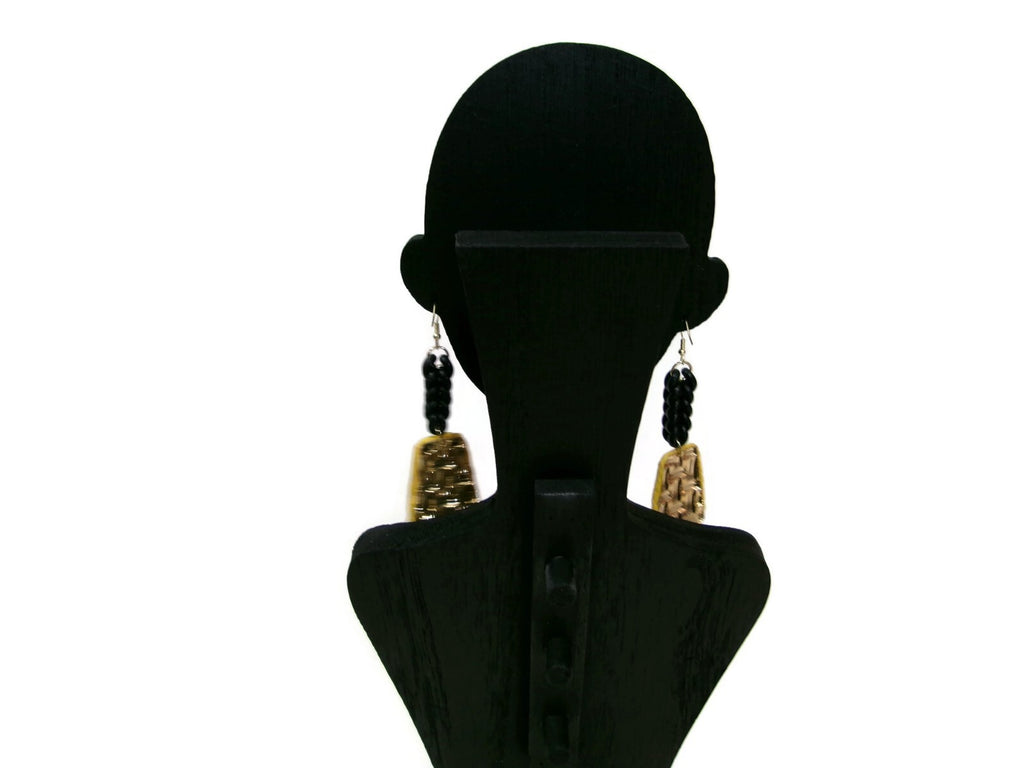 Womens Ear Candy Statement Drop Earrings Yellow Raffia & Black Rubber Design