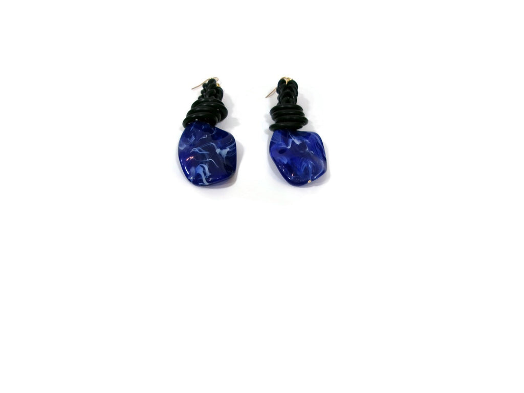 Womens Ear Candy Statement Earrings Blue Marble and Black Rubber Unique Design