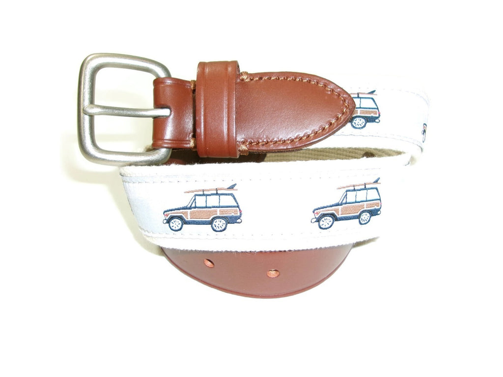 J Crew Crewcuts Kids Boys Belt Size L Large Leather Canvas w/Car Surfboard Motif