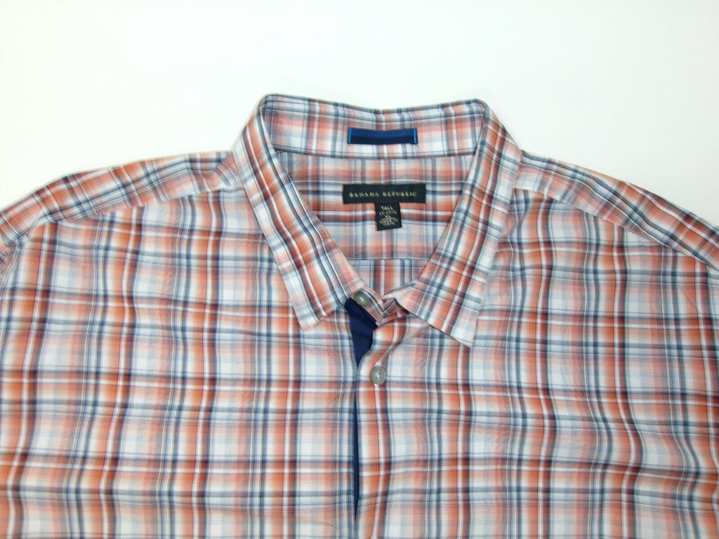 Banana Republic Mens Dress Shirt 17-17.5 XL Orange Blue Gray Plaid Long Sleeve