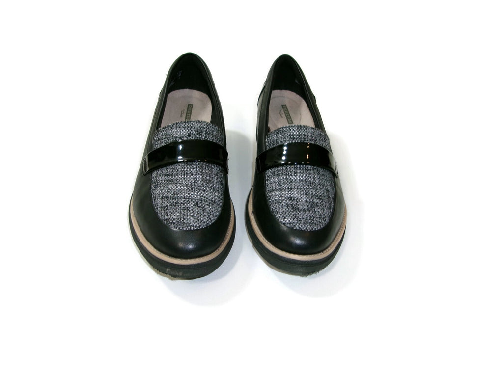 Clarks Womens Shoes Size 9.5 M Black Leather & Tweed & Patent Low Wedge Heels