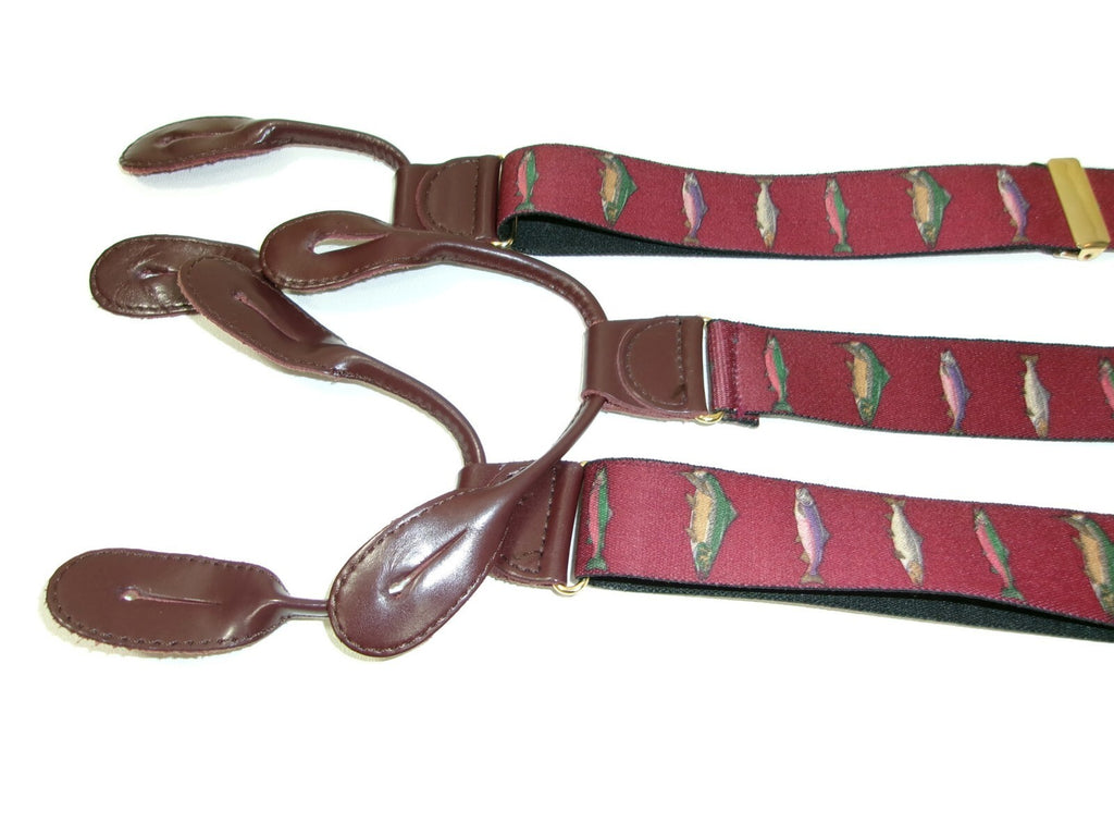 Mens  Burgundy /Redish  Suspenders Pelican USA Trout Fish Leather Tabs