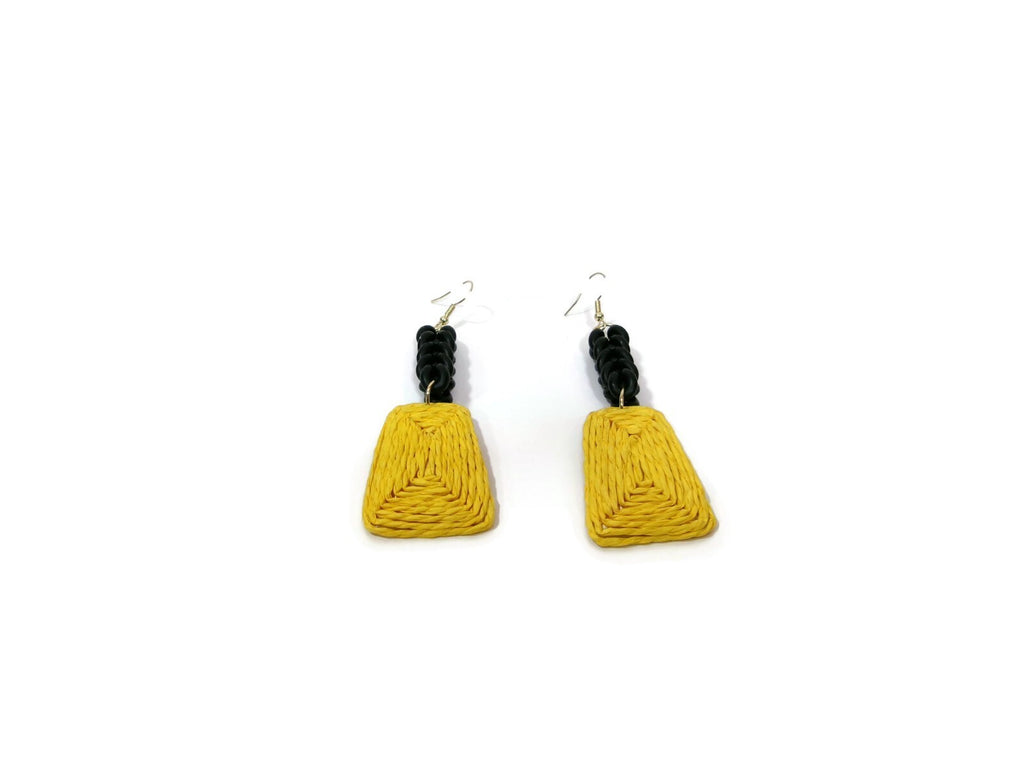 Womens Ear Candy Statement Drop Earrings Yellow Raffia & Black Rubber Design