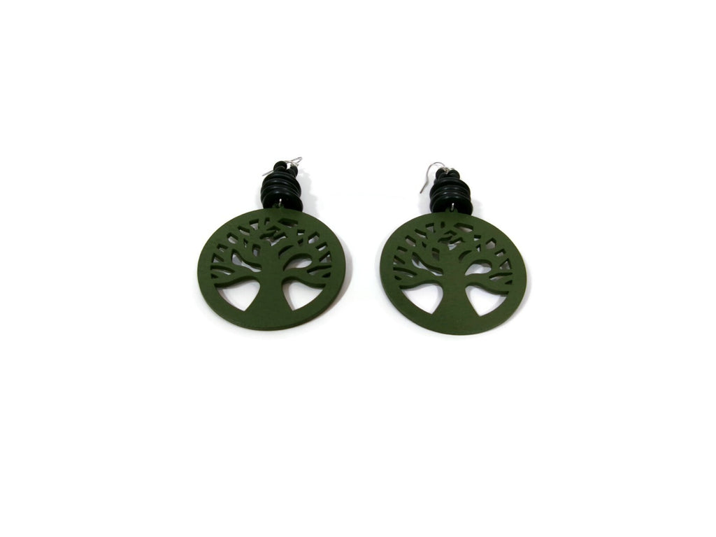 Womens Ear Candy Statement Green Earrings Wood Family Tree Black Rubber Design