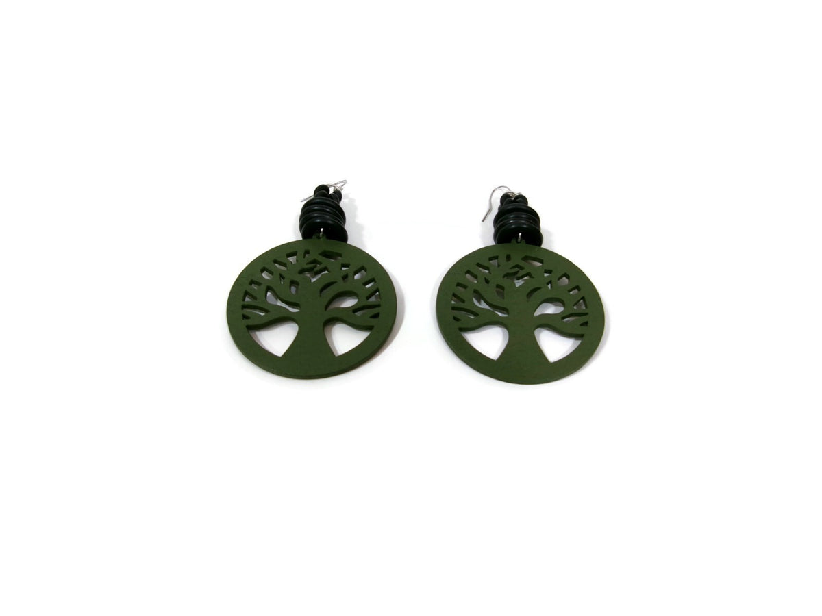 Womens Ear Candy Statement Green Earrings Wood Family Tree Black Rubber Design