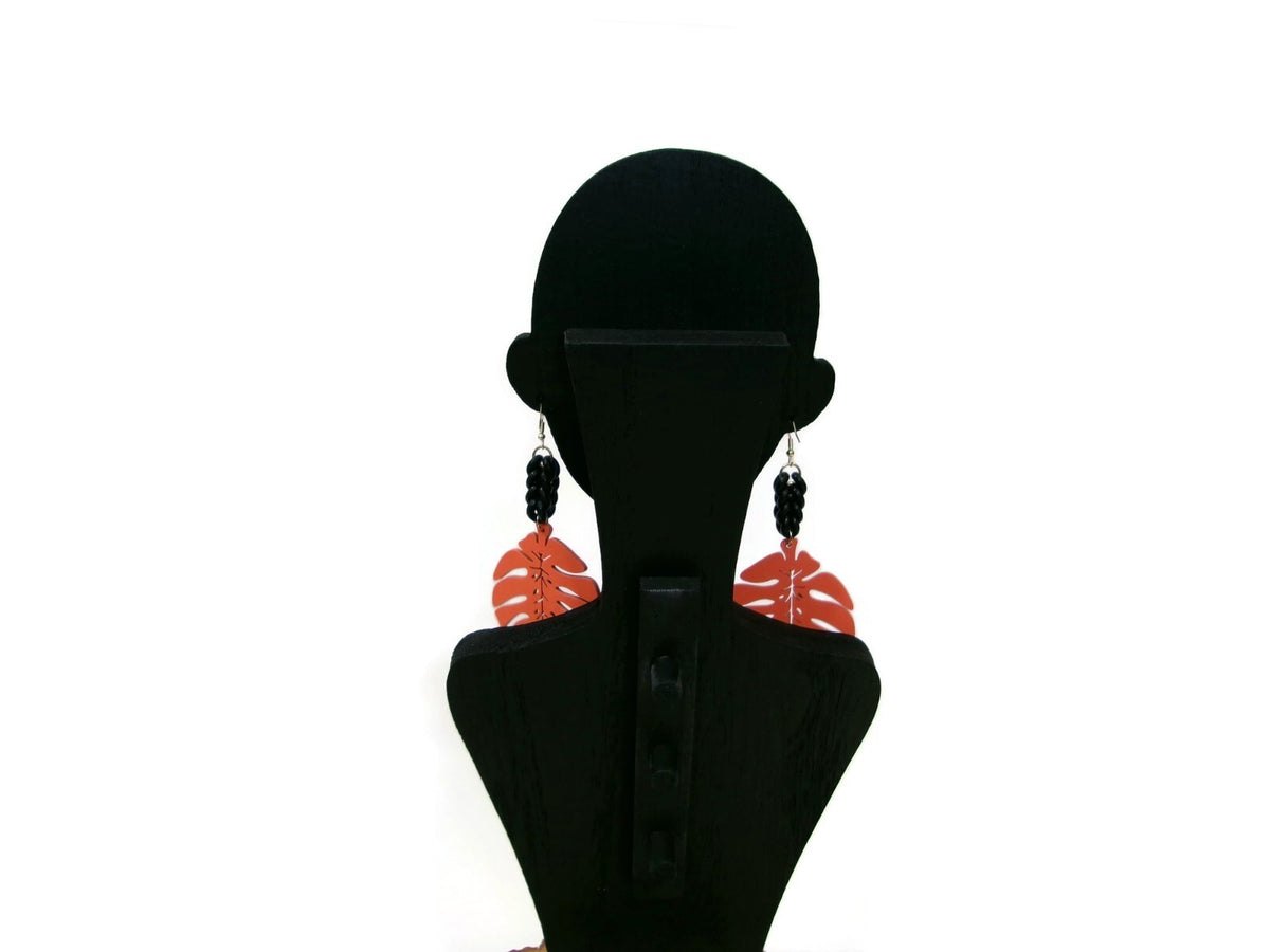 Womens Ear Candy Statement Drop Earrings Orange Wood Leaf & Unique Rubber Design